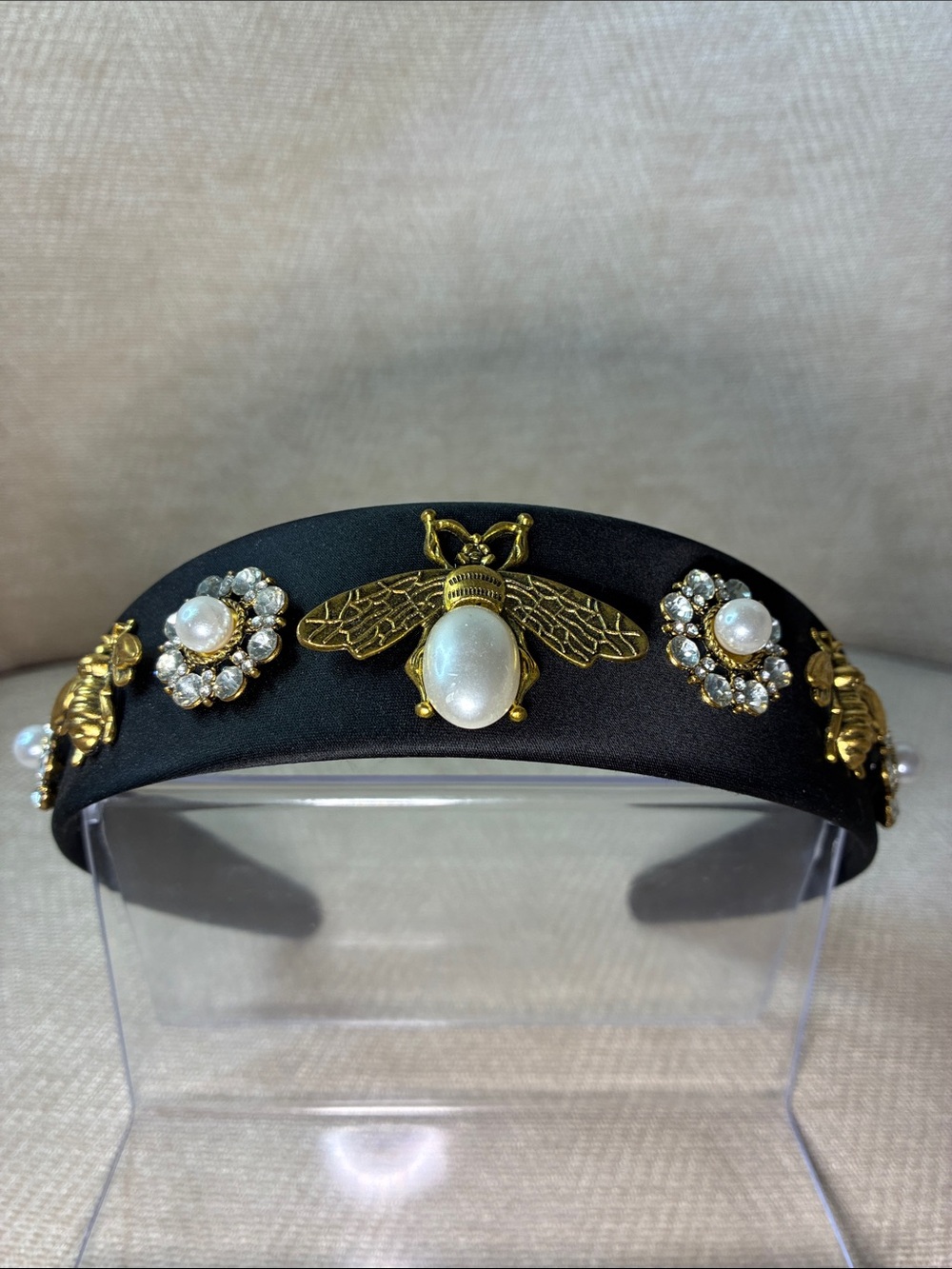 Source Unknown Black Satin Headband with Gold Bee and Pearl Details